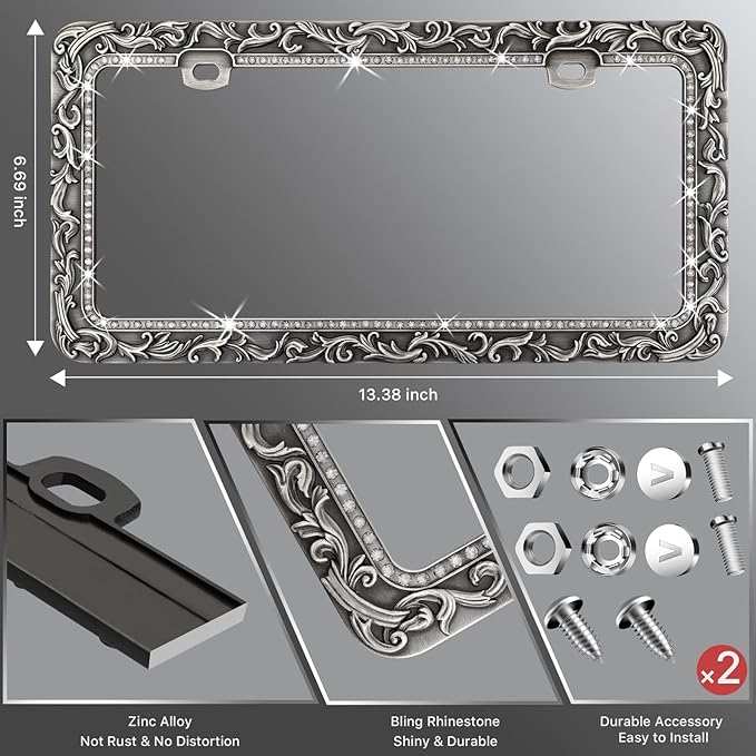 Valor Gel Metal Car License Plate Frames,Antique Old Pattern Printing, Bling Crystal Rhinestones Inlaid,Universal 2 Holes Automotive Replacement Parts Plate Holder(1 Pack)