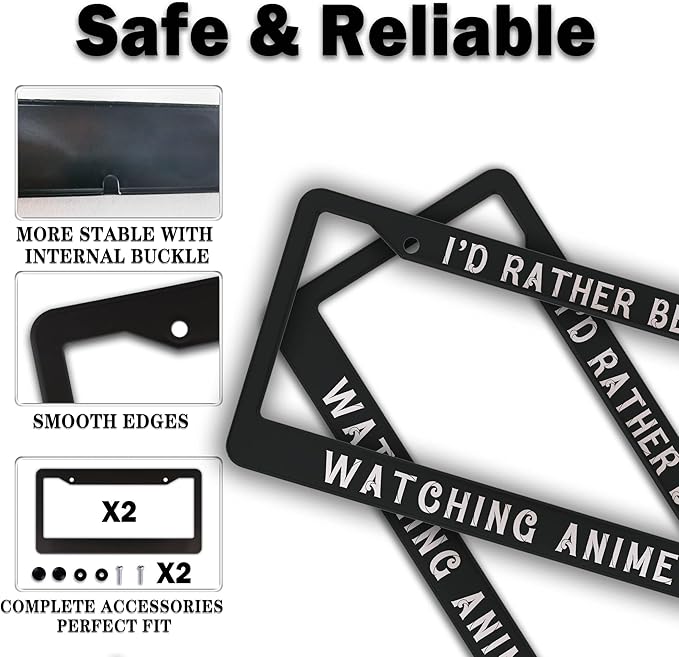 License Plate Cover Black and White License Plate Frames I’D Rather Be Watching Anime Aluminum Metal Car Accessory 2 Pack with Screw Covers Set