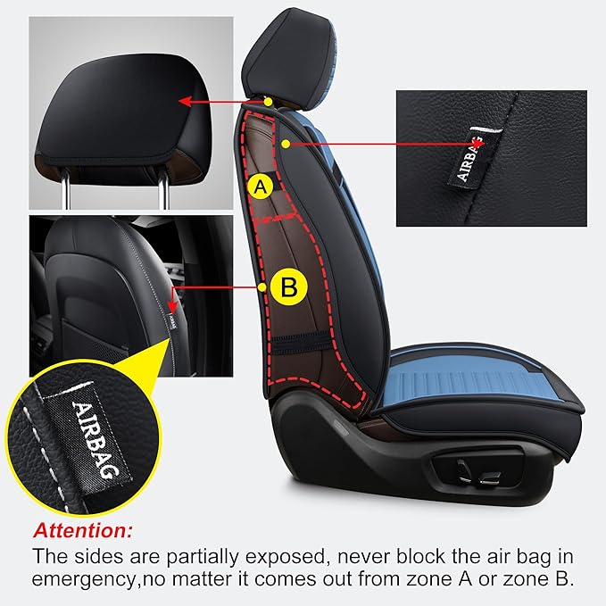 LINGVIDO Car Seat Covers, Breathable and Waterproof Faux Leather Automotive Seat Covers for Cars SUV Truck Sedan,Universal Anti-Slip Seat Cover with Backrest (Front Seat, Light Blue & Black)
