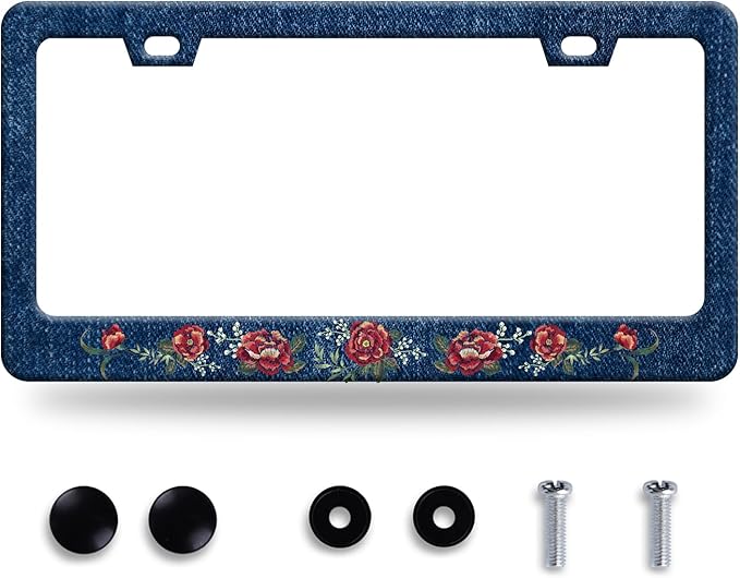 Flower Blue Jean Design License Plate Frame Personalized License Plate Stainless Steel Parts Funny License Plate Decorative with Screws Size 12.3" x 6.3" Men Women