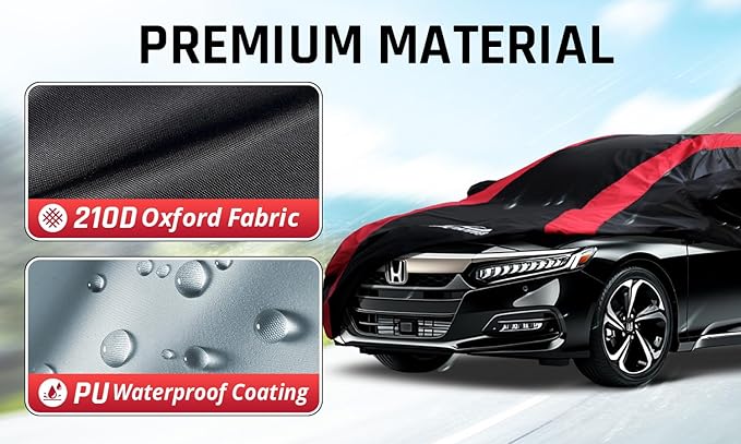 Honda Accord Car Cover Waterproof All Weather with Red Strip Design, Custom Fit for Honda Accord 1998–2025, Accord Accessory with Door Zipper & Windproof Straps