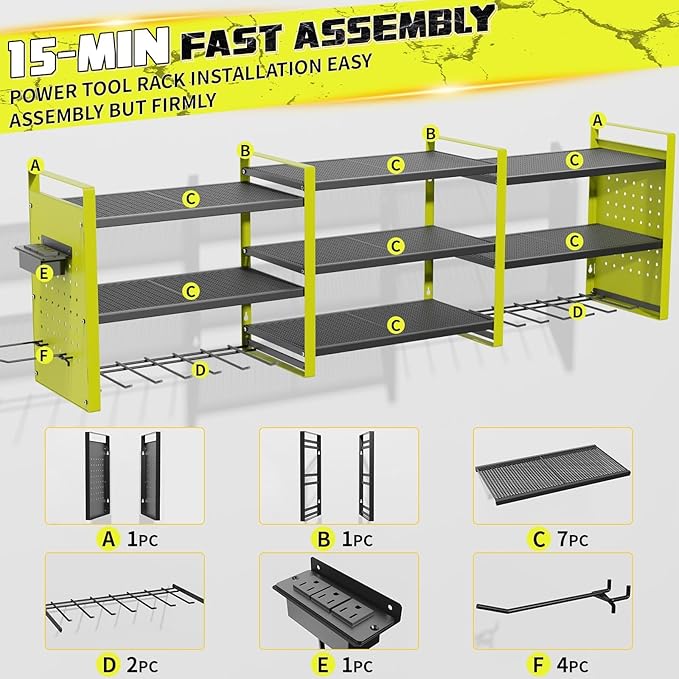 Power Tool Organizer with Charging Station Wall Mount, 3 Layer Expanded Heavy Duty Garage Organization, 48.8 Inch Length Garage Tool Storage, 4 Drill Slot, 16" Standard Hole, Green