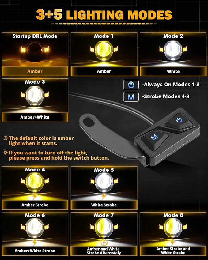 Auxbeam Motorcycle LED Fog Lights Auxiliary Lights Driving Light Spotlights 8 Modes White/Amber Dual Color Strobe Switchback 3 Inch 60W LED Offroad Work Light for Motorcycle ATV UTV Trucks - 2Pcs