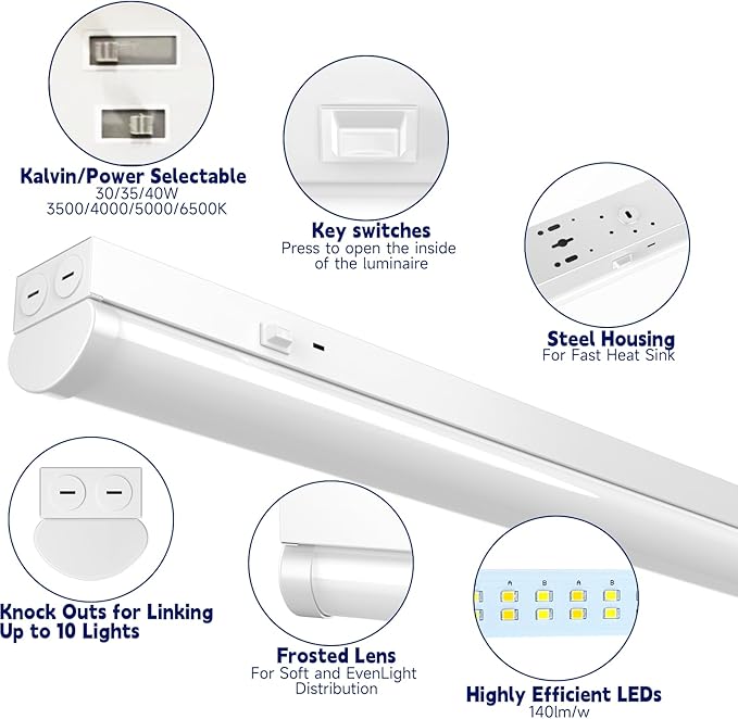 4FT LED Linear Strip Light, LED Shop Lights 40W/35W/30W Selectable,4 Color Selectable 3500K-6500K Adjustable,0-10V Dimmable Commercial Garage Office Ceiling Light Fixture, ETL DLC Listed (9 Pack)