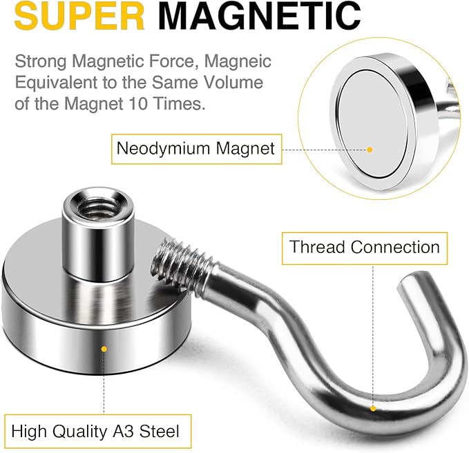 DIYMAG Magnetic Hooks for Refrigerator, Extra Strong Cruise Hook, Heavy Duty Earth Magnets with Hook for Hanging, Magnetic Hanger for Cabins, Grill (45P-Silver)