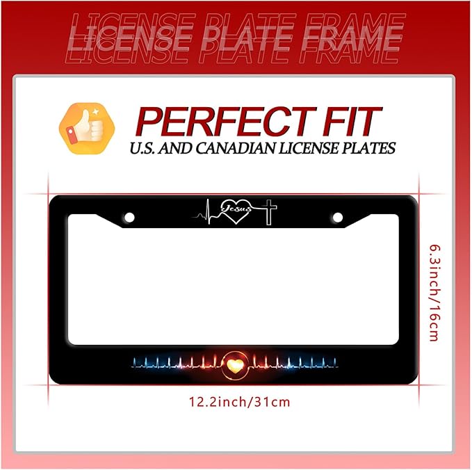 Jesus Heart Rate line License Plate Frame Christian Religious License Plate Frames Stainless Steel Accessories Cars Decor with 2 Holes and Screws Fits Standard US CA Vehicles Size 12.2 x 6 Inches