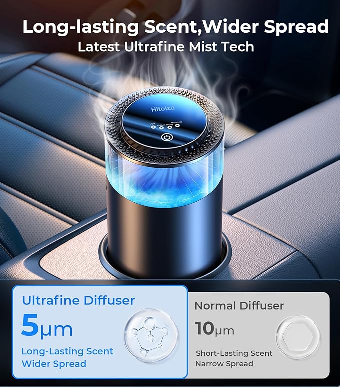 Smart Car Air Fresheners, Ambient Light & Mist Fragrance, Auto On/Off Car Air Freshener Diffuser, Adjustable Intensity, Lasts 6 Months, Built-in Battery, Premium Scents Refill X2 - Mystic Ice