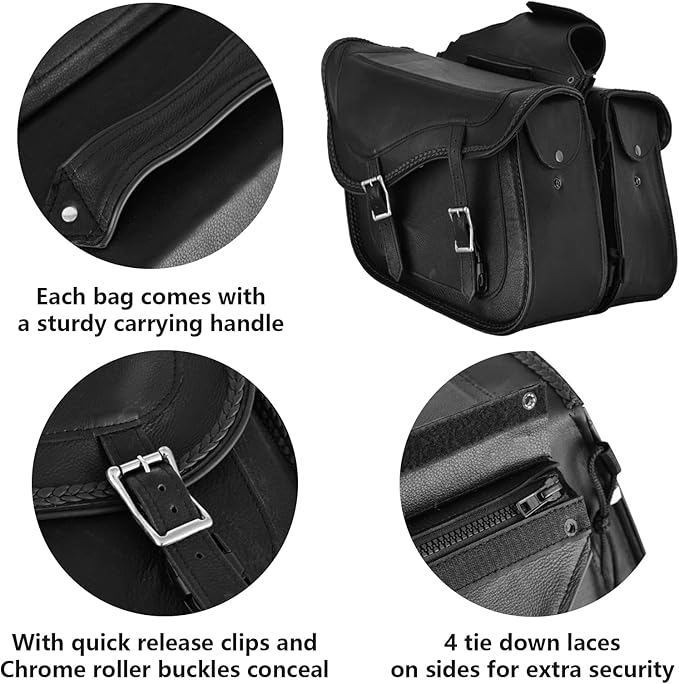 GARGOYLE BELLS Motorcycle Saddle Bags Genuine Leather Motorcycle Luggage Bag For Softails Sportsters and Choppers (No Stud, Black, 13”x13“x10”)