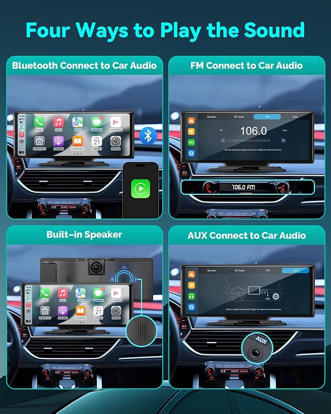 Wireless Carplay Screen for Car, 10.26" Android Auto Screen Compatible with A-pple Carplay, 4K Front & 1080P Rear Cameras Loop Recording, FM, AUX, BT, MirrorLink, Voice Control, Navigation for iOS 10+