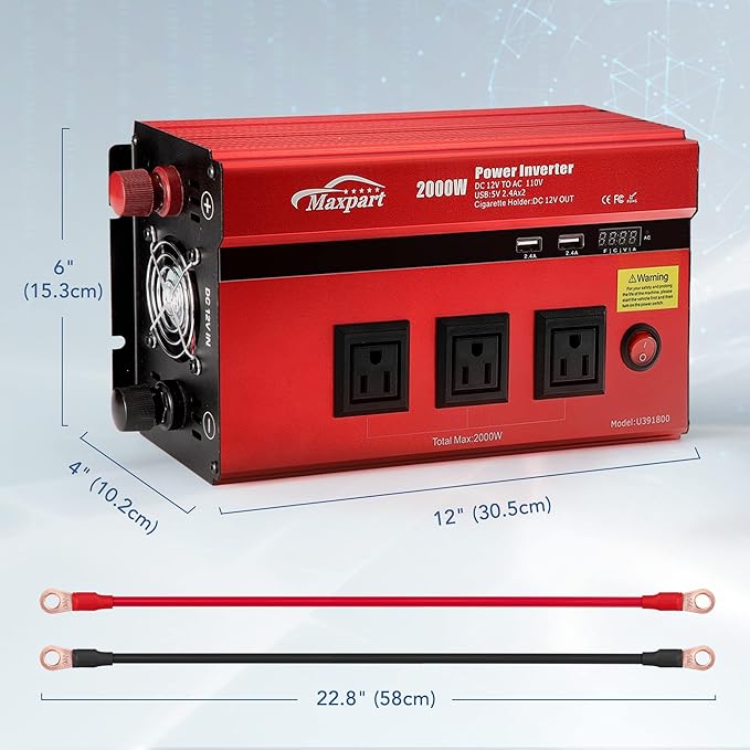 2000w Inverter 12v Car Power Inverters for Vehicles Truck with USB Charging Port,12v DC to 110v AC Inverter Converter with 3 AC Outlets 2000 Watt Invertor Solar Battery Inverter