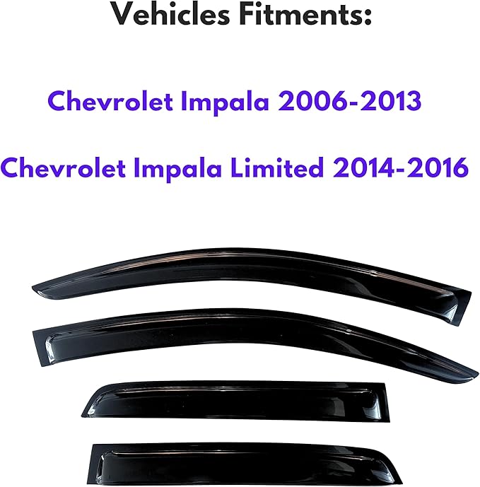 KPY Window Visor Compatible with Chevrolet Chevy Impala 2006-2013 & Impala Limited 2014-2016, 4PC Rain Guard Side Vent Deflectors Tape-On Style, 2006 2007 2008 2009 2010 2011 2012 2013 2014 2015 2016
