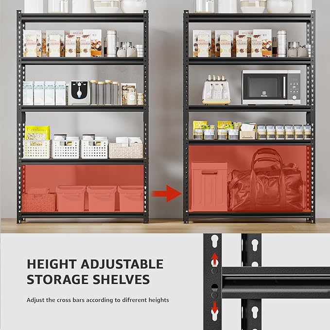 5-Tier Adjustable Metal Storage Shelves Heavy Duty Garage Shelving, 60" H x 28" W x 12" D Shelving Unit Rack for Kitchen, Classroom, Dormitory, Basement & Warehouse