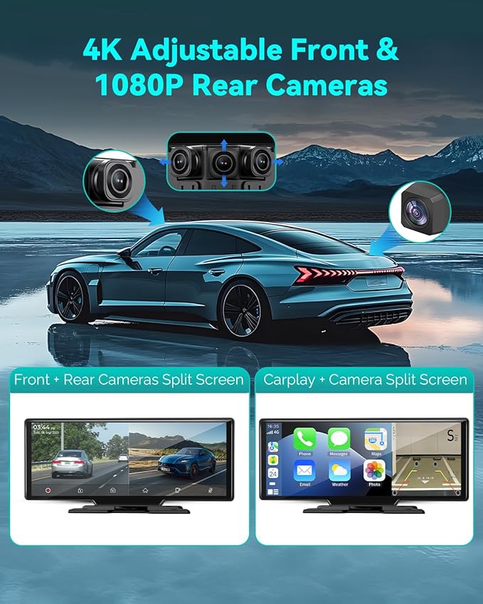 Wireless Carplay Screen for Car, 10.26" Android Auto Screen Compatible with A-pple Carplay, 4K Front & 1080P Rear Cameras Loop Recording, FM, AUX, BT, MirrorLink, Voice Control, Navigation for iOS 10+