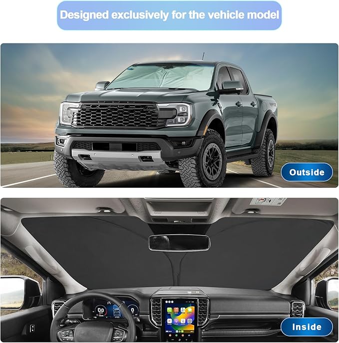 SXCY for 2024 2025 Ford Ranger Windshield Sunshade for 2024 2025 Ranger XL/XLT/Lariat/Raptor Accessories 2024 2025 Ford Ranger Sun Shade Foldable Sun Shield 2024 2025 Ranger Sun Protector Block UV Ray