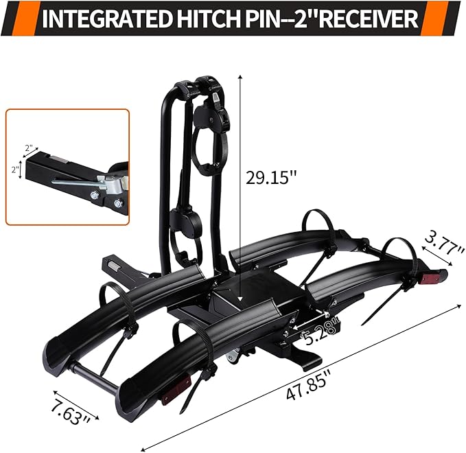 Foldable Electric Bike Rack Hitch Mount with Ramp for 2" Receiver, 2 Bike Rack for Car, Up to 4’’ Fat Tire, 136 lbs Capacity, with Locks, Tiltable, Wheels for Easy Transport