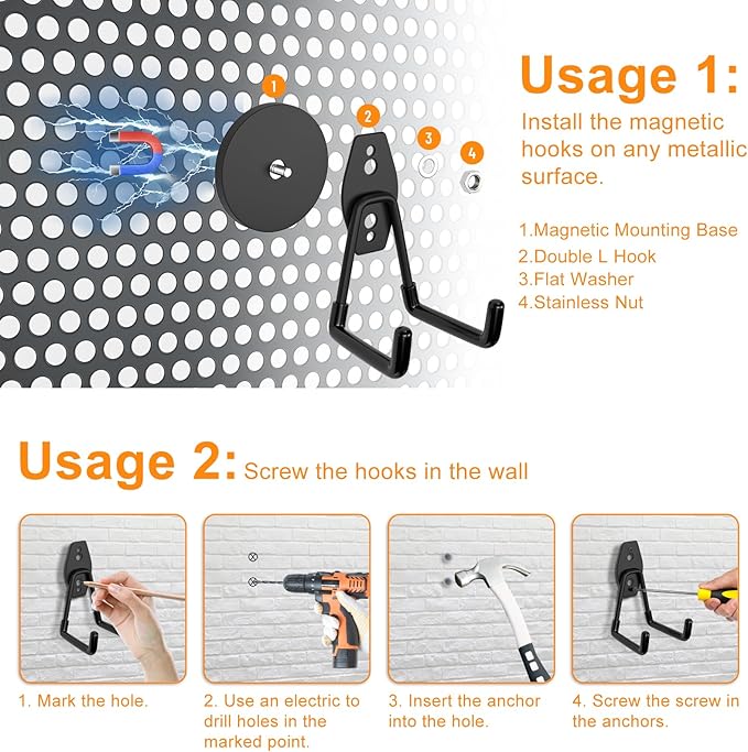ENUODA Strong Magnetic Hooks 6 Pack Large Rare Earth Magnet Hooks Heavy Duty Utility Magnetic Tool Holder for Garage Organization, Van, Barn, to Hang Bag, Coat, Power Tool, Toolbox, Shovel, Broom,