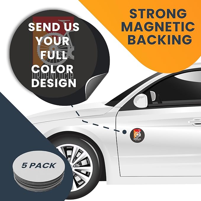 Magnet Me Up Customizable 30 Mil Round Magnet- 5”, 5 PK Weatherproof Car Magnet for Businesses, Sports Teams, Fundraisers & Personal Expression- Custom Text & Logo- Strong Magnetic Vinyl for Vehicles