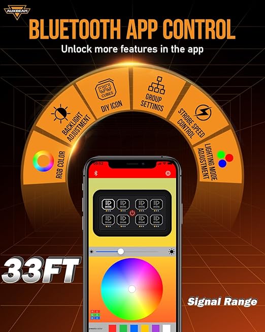 Auxbeam 8 Gang Switch Panel AC-800 Bluetooth RGB Switch Pod with Remote Control Backlit Off Toggle Momentary Pulsed 165FT Wireless Auxiliary Switch Panel for Truck Offroad Waterproof
