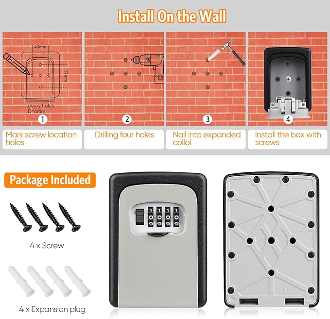 Key Lock Box Wall Mounted, Fayleeko 4 Digit Combination Lockbox for Outside, House Keys - 5 Keys Capacity, Key Safe Security Storage Lock Box for Indoor, Outdoor, Garage, Garden, Store (Black, 4Pack)