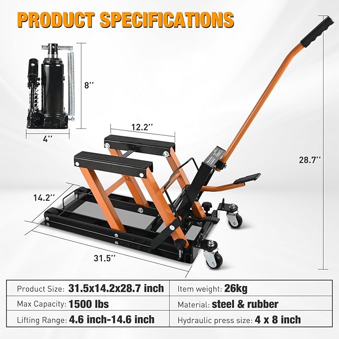 Nilight Motorcycle Lift Jack 1500 LBS Hydraulic Lifts ATV Scissor Jacks with Wheel Foot Pedal Handle Ratchet Belt Heavy Duty Lifter Stand Hoist Table for Dirt Bike Garage Storage Repair Tool,Orange