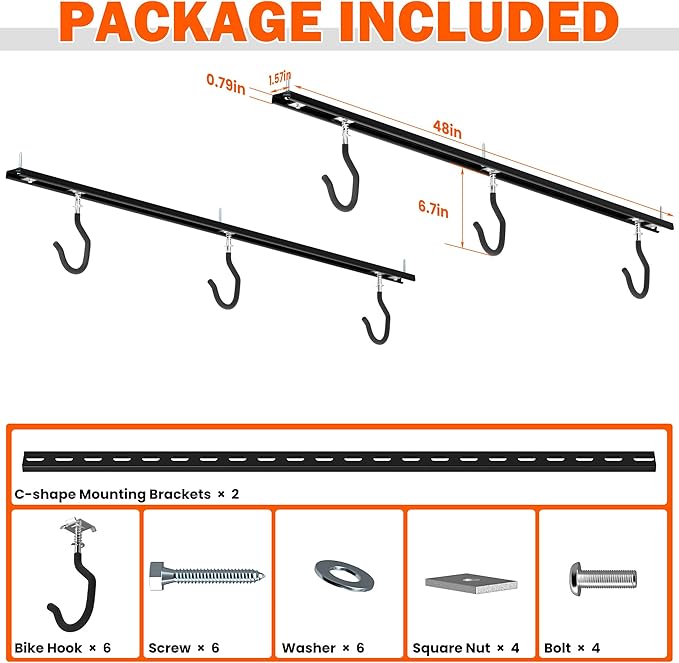 Ultrawall Ceiling Bike Rack for Garage, Indoor Bike Hanger with 6 Adjustable Bike Hooks for up to 3 Bikes (Horizontally), 6 Bikes (Vertically)