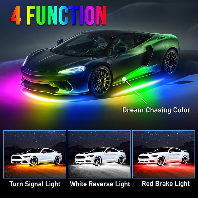 OPP ULITE Car Led Underglow Lights Aluminum Dream Chasing Color Accent Light Bar, RF Remote & APP Control Underglow Light Strip with Red Brake/Yellow Turn Signal/White Reverse Light Kit, 8PC Pack