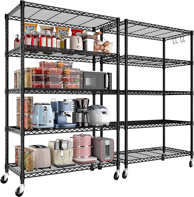 PrimeZone 2 Packs 36" W x 16" D x 79" H Wire Storage Shelves with Wheels, 5 Tier NSF Certified Heavy Duty Adjustable Kitchen Shelving Unit, Pantry Organizer Rack Rolling Metal Shelf for Garage Closet