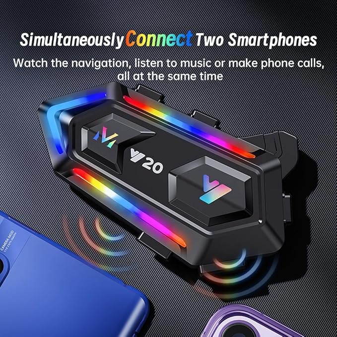 Motorcycle Helmet Bluetooth Headset, Cool RGB Dazzling Lights Motorbike Helmet Speaker Double Noise Cancellation Intercom Communication Systems with IPX6 Waterproof/Strong Bass for Dirt Bike