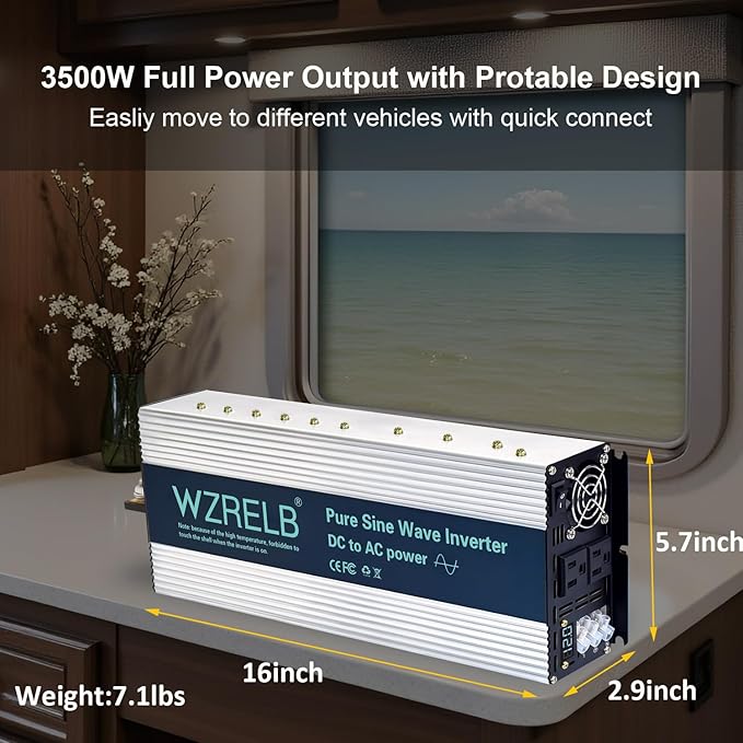 WZRELB 4000W Pure Sine Wave Inverter, Car Power Inverter 12V DC to 110V 120V AC Converter for RV, Truck, Solar, Outdoor with Dual AC Outlets, Hardwire Port, Surge 8000W, LED Display,Off-Grid