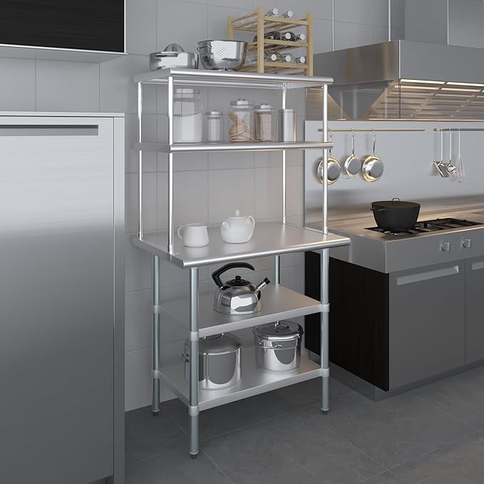 Amgood Stainless Steel Work Table with 2 Shelves | Metal Kitchen Prep Table & Shelving Combo (24" x 36" Table with 2 Shelves + 18" Overshelf)