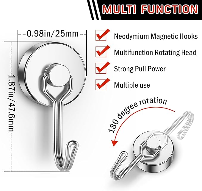FINDMAG Magnetic Hooks, 60lbs+ Magnetic Hooks for Cruise Ship Essentials, Rare Earth Magnet Hooks Heavy Duty for Hanging, Magnetic Hanger for Garage, Grill, Fridge, Toolroom, Workplace, 6 Pack, Silver