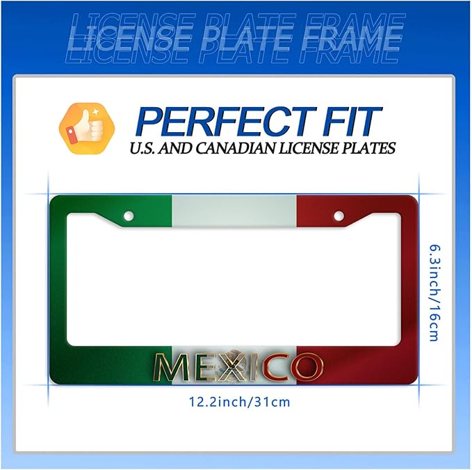 Mexico Flag License Plate Frame Personalise Mexican Funny License Plate Stainless Steel Flag License Plate Holder Car Accessory with Screws Car Decoration 12.3" x 6.3" for Men Women
