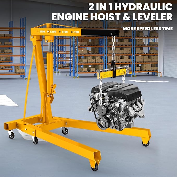 2 Ton Folding Engine Hoist, 4400lbs Hydraulic Cherry Picker Engine Hoist with 6 Casters, Heavy Duty Engine Lift for Garage, Workshop, Automotive Repair (Yellow)