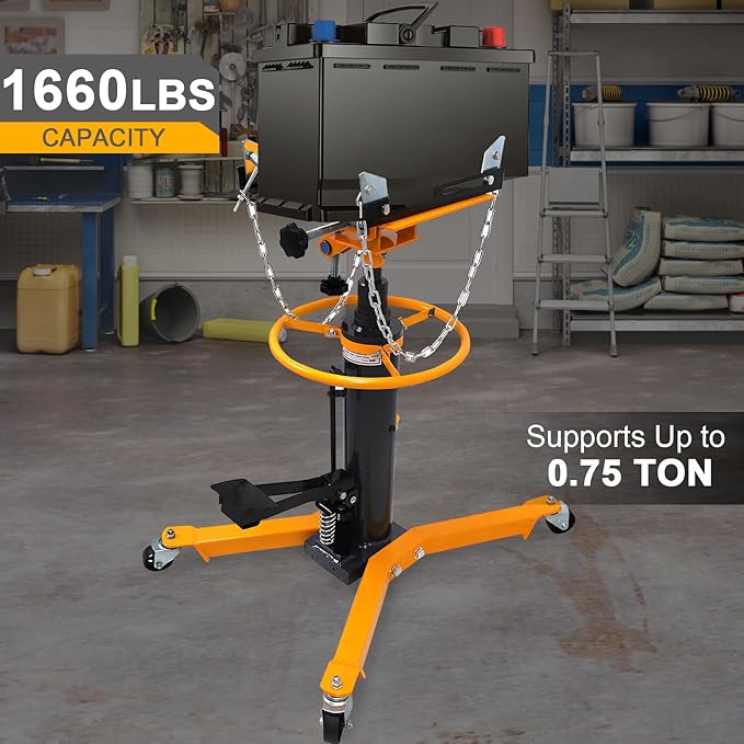 Transmission Jack 1660 lbs/ 0.75 Ton Capacity Hydraulic Telescopic Transmission Jack 34" - 68" Adjustable Height Telescoping Transmission Hydraulic with 360° Swivel Wheels Lift Hoist