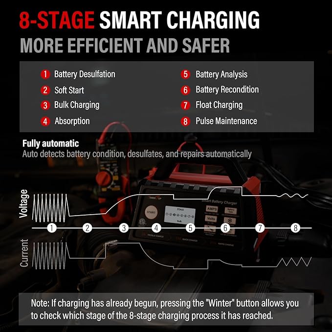TowerTop 2/15/25 Amp Car Battery Charger, 6V/12V Fully Automatic Smart Battery Maintainer with Engine Start, Auto Desulfator, Battery Repair, Winter Mode, for All Lead-Acid and LiFePO4 Batteries