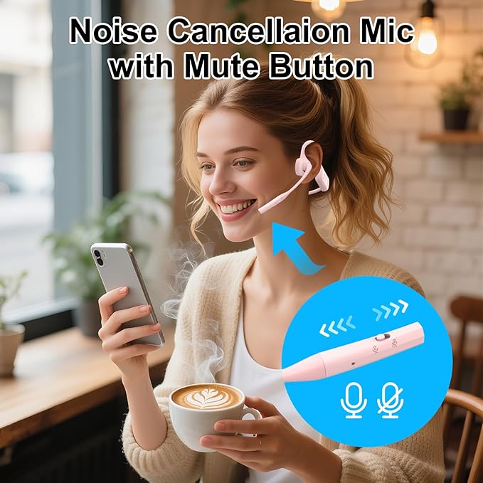 Open Ear Bluetooth Headphones with Microphone, Noise Cancelling Wireless Headset with Mute Button, Supports aptX/aptX-LL/aptX-HD, Designed for Meeting, Home Office,Driving -Not Bone Conduction(Pink)