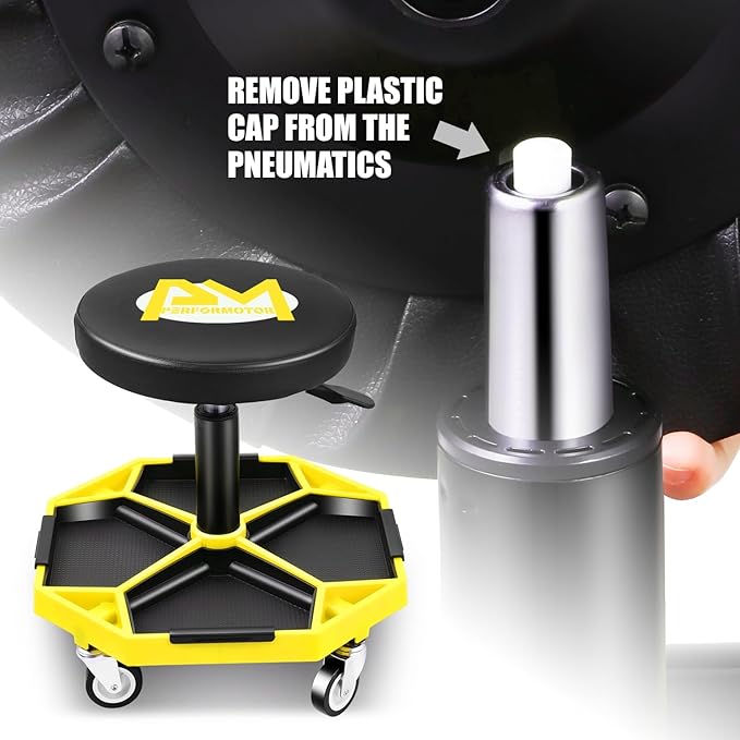 PM PERFORMOTOR Adjustable Height Pneumatic Garage Seat Rolling Mechanic Stool with Tool Tray Storage,300lbs Max Weight Capacity, Yellow,PM-TOL-ATS-YL