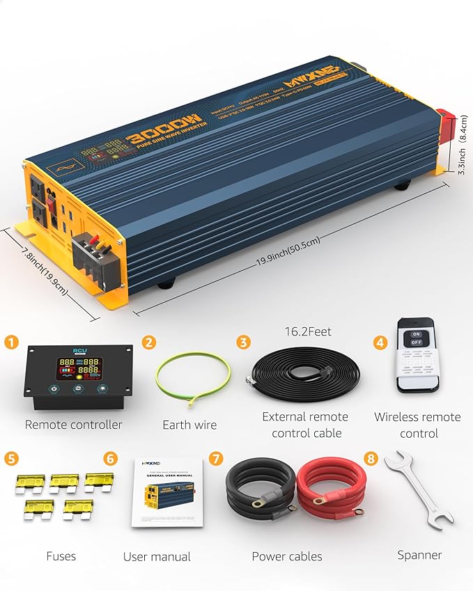 3000W Pure Sine Wave Power Inverter DC 24V to 110V 120V AC with 4 Quick Charging USB Ports& Dual AC Outlets Power Inverters for Vehicles RV Truck Home with LCD Display and Remote Controller