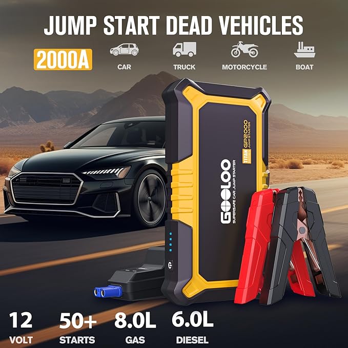GOOLOO New GP2000 Jump Starter 2000A Car Starter Battery Pack (Up to 8.0L Gas, 6.0L Diesel Engine),12V Car Battery Charger Jumper Starter, Supersafe Portable Lithium Jump Box with USB Quick Charge