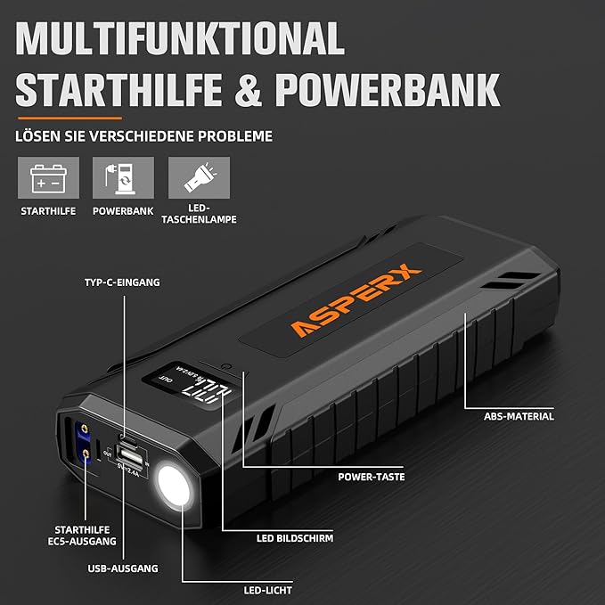 AsperX Car Jump Starter, 4000A Peak Battery Starter for All Gas or 10.0L Diesel Engines, 12V Battery Starter, Jump Box with USBA, Lithium Battery Booster with Built-in LED Light