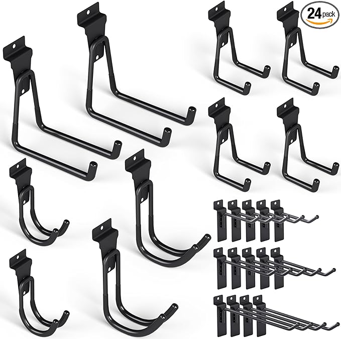 INCLY 24 Pack Heavy Duty Slatwall Hooks, Black Garage Slatwall Panel Accessories Utility Hooks, Slat Wall Hanging Hooks and Hangers for Garages, Sheds, Basements