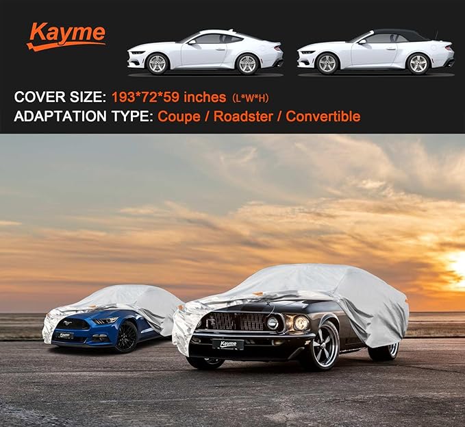Kayme 6 Layers Car Cover Waterproof All Weather for Automobiles, Outdoor Full Cover Sun UV Snow Protection, Universal Fit for Ford Shelby, Chevy Camaro/Corvette, Lexus RC LC, Etc. (186-193 inch).