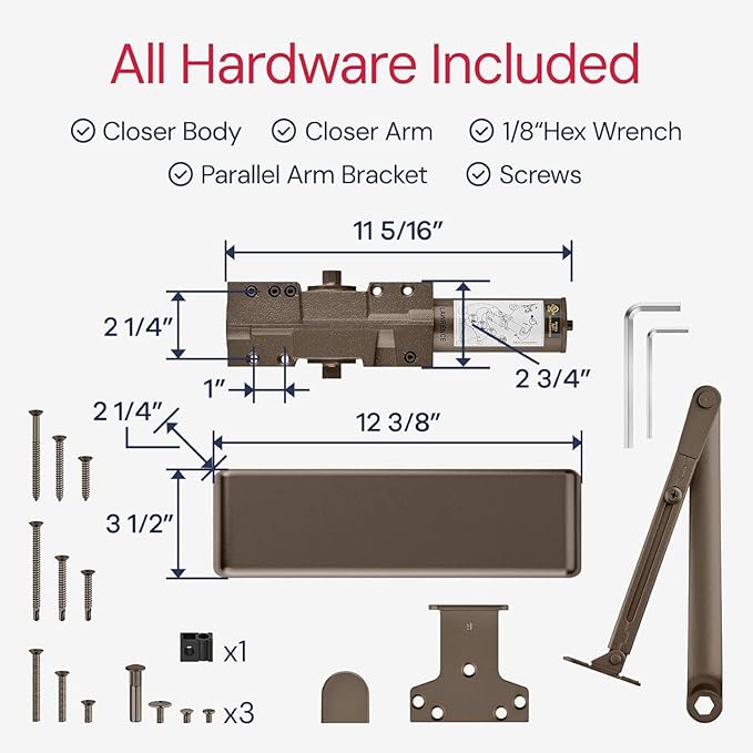 Lawrence Extra Heavy Duty Door Closer Commercial Grade 1 - Adjustable 6-Speed Delayed-Action Door Control with 3 Pistons – Flexible Installation with Included Hardware - Embassy Series LH8016