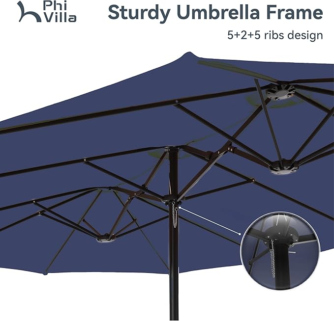 PHI VILLA 15ft Large Patio Umbrellas with Base Included, Outdoor Double-Sided Rectangle Market Umbrella with Crank Handle, for Pool Lawn Garden, Blue