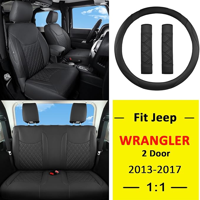 GIANT PANDA Customized Full Set Car Seat Covers for Jeep Wrangler 2 Door JK Sport Sahara Rubicon Freedom Willys Wheeler 2013 2014 2015 2016 2017, Faux Leather - (Black)
