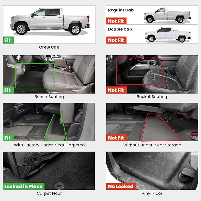 LASFIT Floor Mats 2019-2025 for Chevy Silverado/GMC Sierra 1500, 2020-2025 2500HD 3500HD Crew Cab Only/Bench Seat (Only Fit with Rear Under-Seat Storage, But Not Fit 2nd Row Plastic Storage)