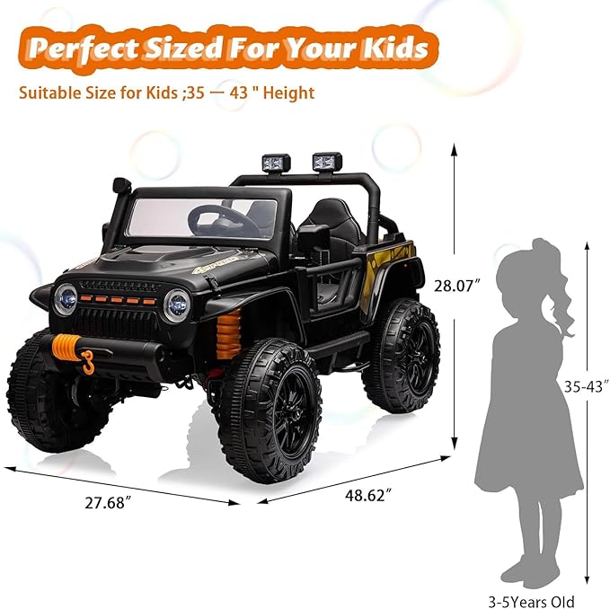 Hetoy 24V 2 Seater Ride On Car for Kids, Electric Truck with Remote Control, Ride on Truck w/ 4-Wheeler Suspension, 4x55W Powerful Engine, 4WD Battery Powered, LED Lights, Soft Braking