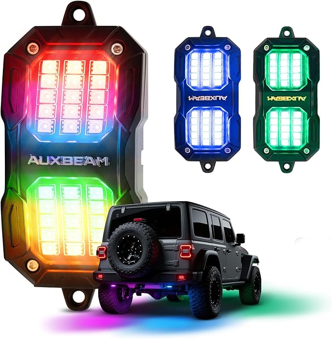 Auxbeam 2-Pod Dynamic Color Changing RGB LED Rock Lights for Trucks UTV ATV Boat Waterproof, Bluetooth&Remote Control Wheel Well Lights w/Brake Mode, 1 Year Warranty, (No Controller)