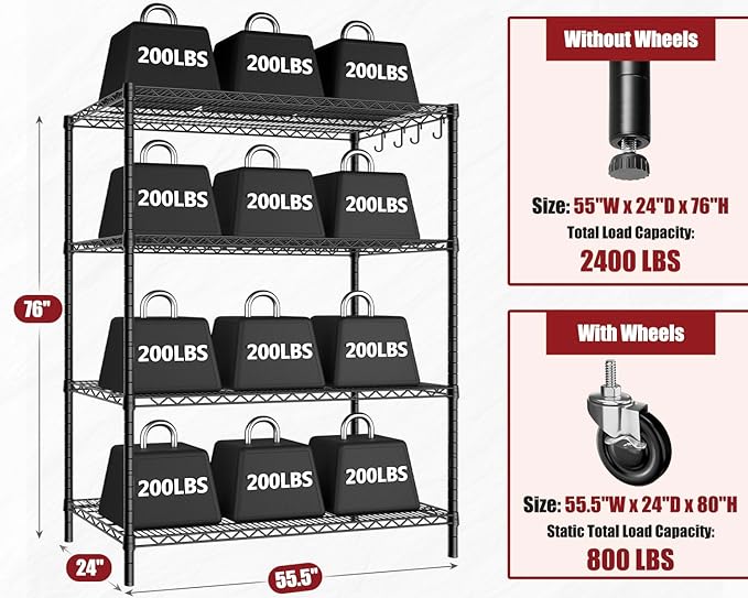 PrimeZone 5 Packs 55.5" W x 24" D x 80" H Heavy Duty Wire Storage Shelves with Wheels, 4 Tier Adjustable NSF Certified Garage Shelving Unit, Rolling Metal Organizer Shelf Rack for Warehouse, Pantry
