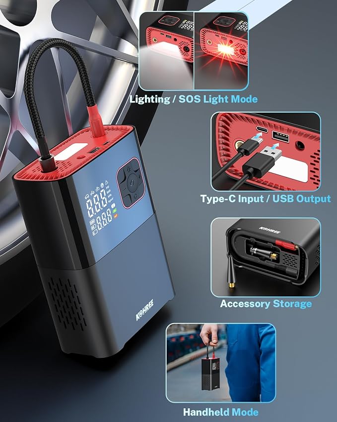 Kohree Tire Inflator Portable Air Compressor, 58LPM Faster Dual Cylinder Air Pump for Car Tires, Pickup Trucks & Large Tires, 150 PSI & 20000mAh Cordless Electric Air Pump with Pressure Detection